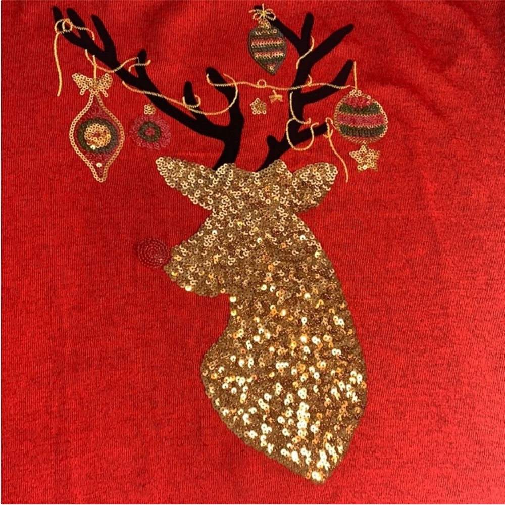 Onque Casuals Christmas Top Sz PM Top Shirt Blouse Red Holiday Reindeer NWT - Picture 10 of 12